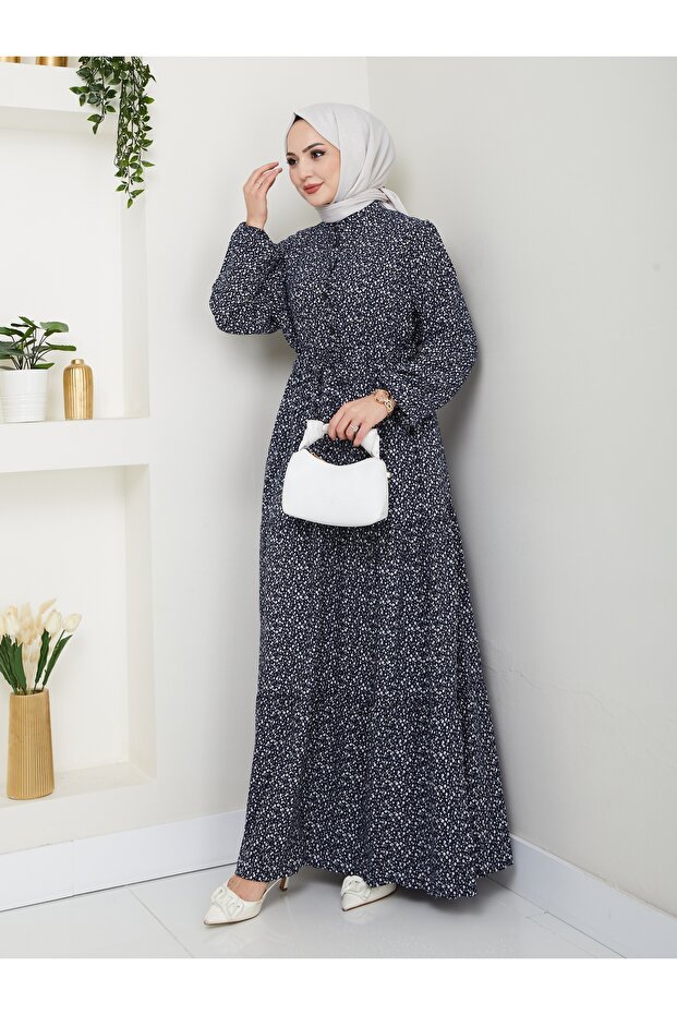 Button-Detail Floral Viscose Dress - Navy / E0123