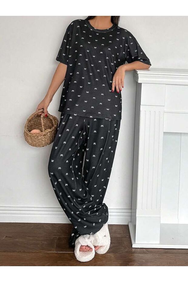 Women's Short Sleeve Pajama Set Smoked Mini White Bow