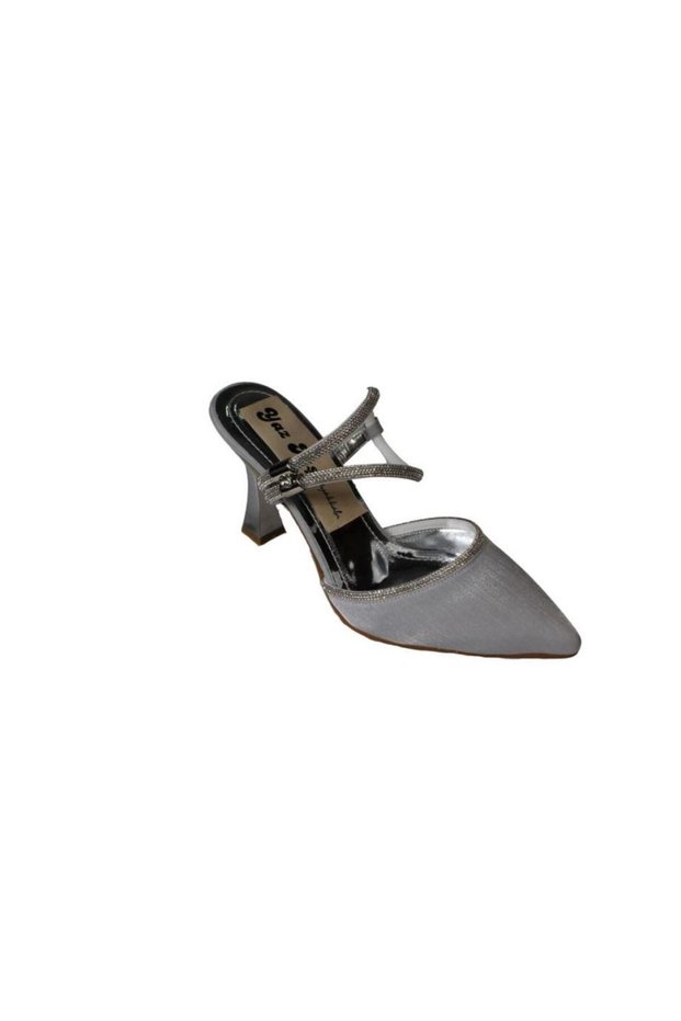 Yazkiş Women's Skin Silver Black Satin Ankle Stone 9cm Candlestick Heel Pointed Toe Evening Dress Shoes