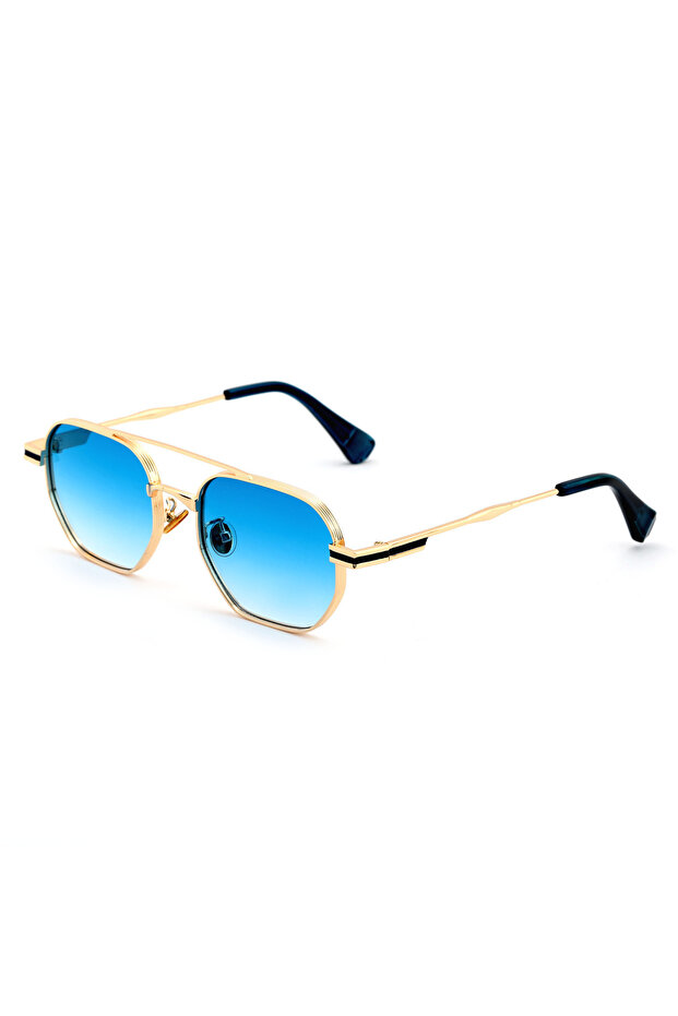 Geometric Design Metal Gold Frame Blue Glass Unisex Sunglasses