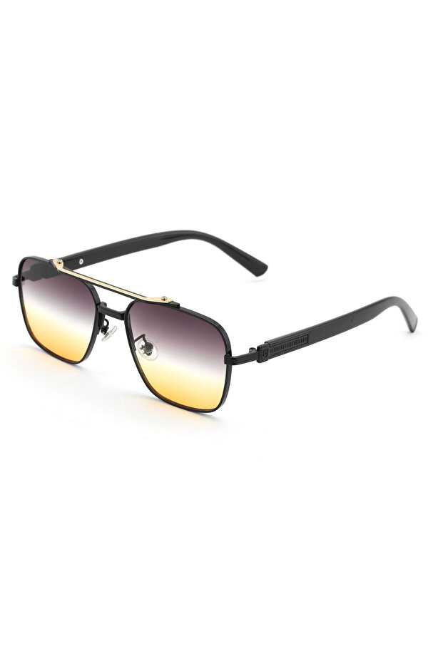 Rectangle Design Black Frame Double Color Glass(Yellow-Black) Glass Unisex Sunglasses