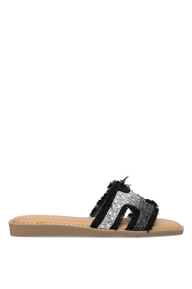 25Y177-1 Women's Stone Flat Slippers Black