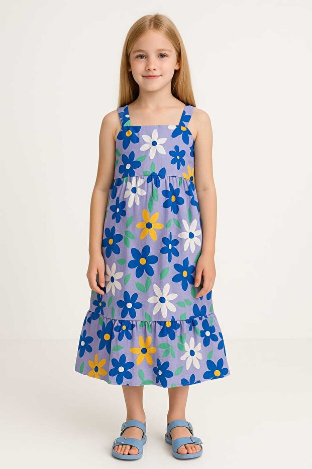 Girl's Zipper Closure Strap Long Woven Floral Dress