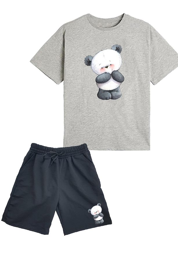 2'li Set Baskılı Kız Çocuk Pamuk Şort Tshirt Takım Panda 5 6 7 8 9 10 11 12 13 14 yaş Tişört - 1