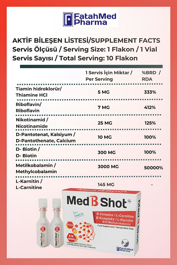 B12 Kompleks Vit. (METİLKOBALAMİN) ,B1 ,B2,B3,B5,B6,B1 ,Biotin ,L Karnitin - 6