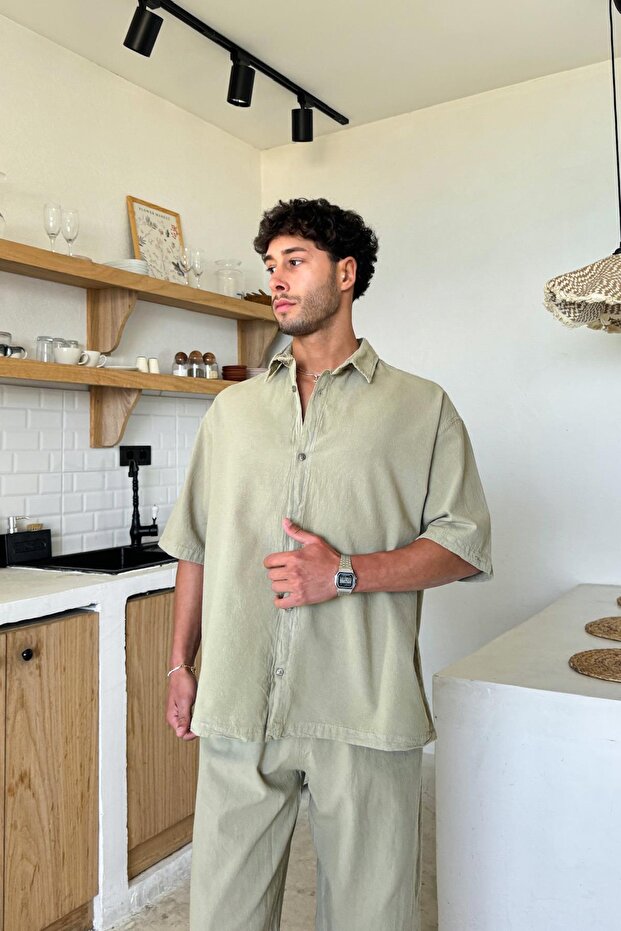 Basic Oversized Short Sleeve Linen Shirt Khaki