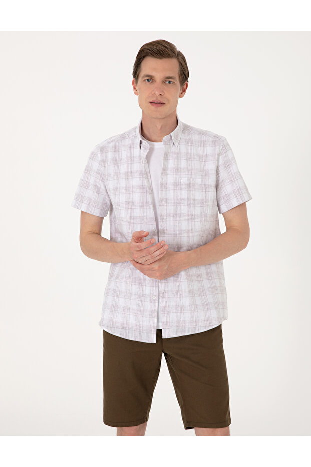 Brown Regular Fit Short Sleeve Plaid Shirt 50304523-Vr197