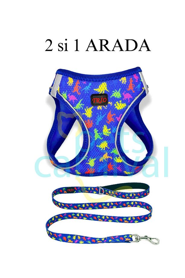 Kedi Köpek Air-mesh Göğüs Tasması Ve Gezdirme Sevk Kayışı Seti Dino 2si1 Arada - 1