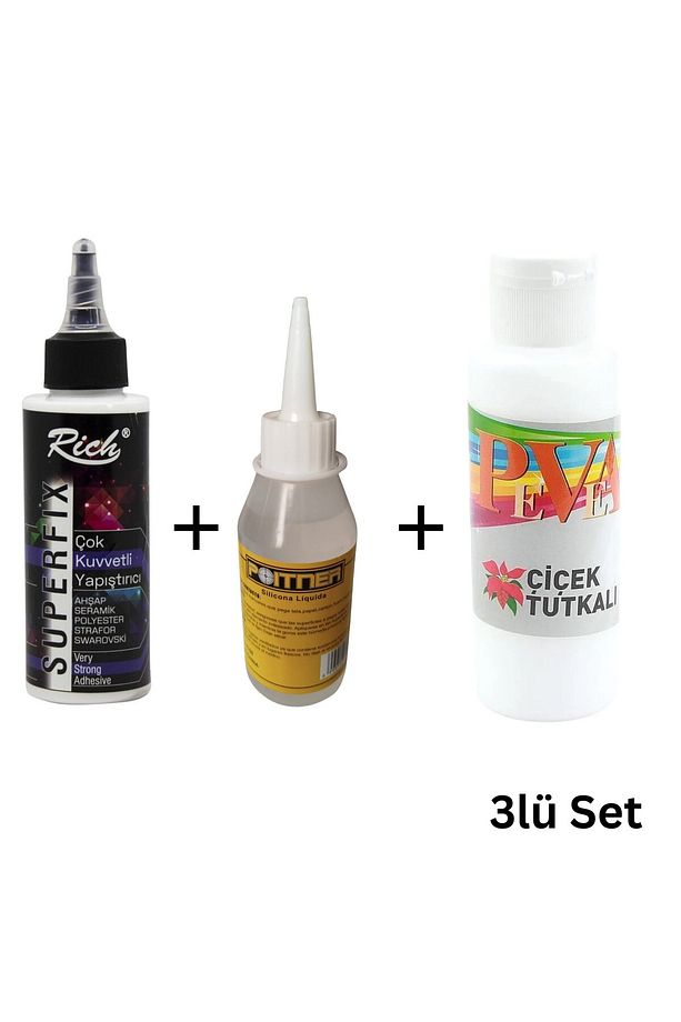 3’lü Güçlü Yapıştırıcı Seti, PVA (100ml), Superfix(120cc), Soğuk Silikon(100ml) Hobi DIY Tutkal Set - 1