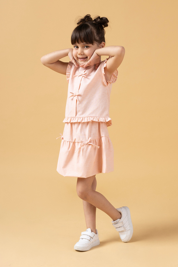 Girl's Balloon Skirt and Bow Detail Summer Two-Piece Set Salmon