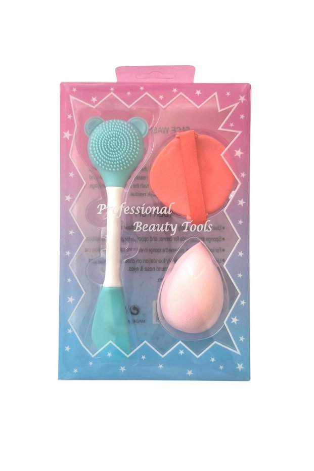3-Piece Professional Skin Care Set - Silicone Facial Cleansing Brush + Powder Sponge + Foundation Sponge