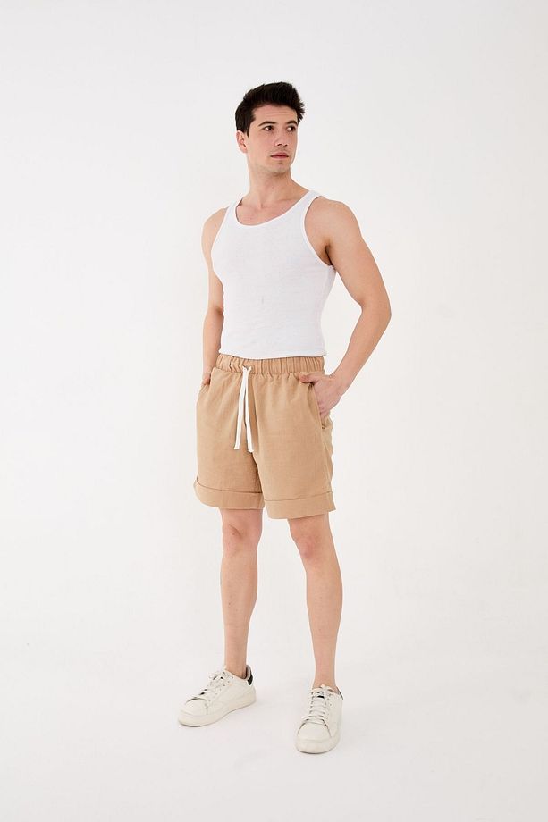 %100 Pamuk Şile Bezi Rahat Kalıp Unisex Bej Kısa Şort - 6