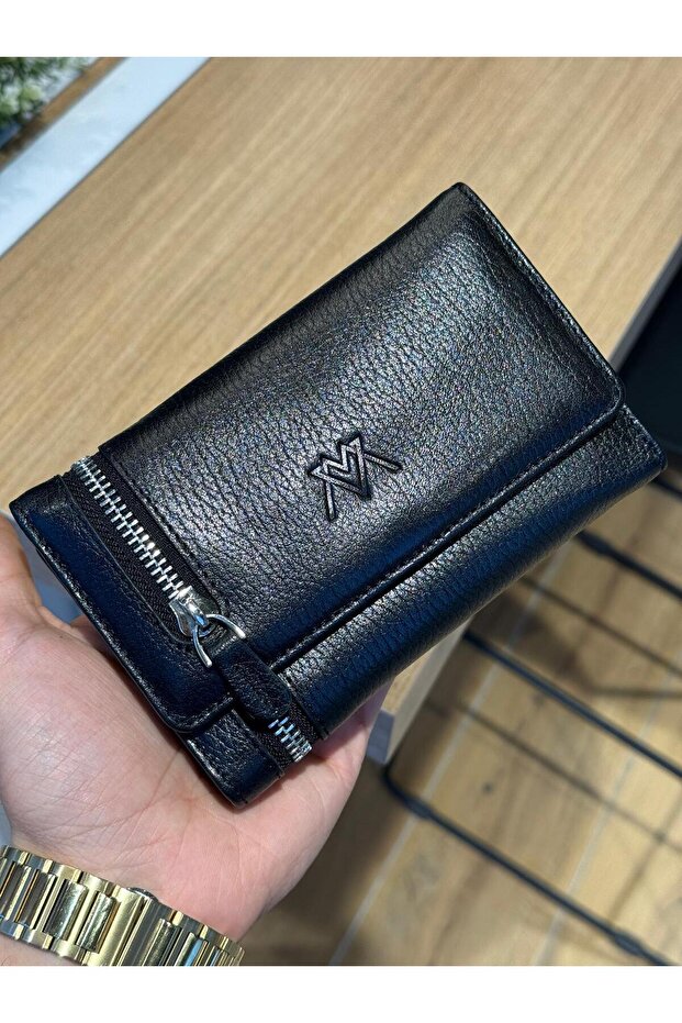 Genuine Leather Zippered Wallet with Card Compartment Vs.Blkt.0369