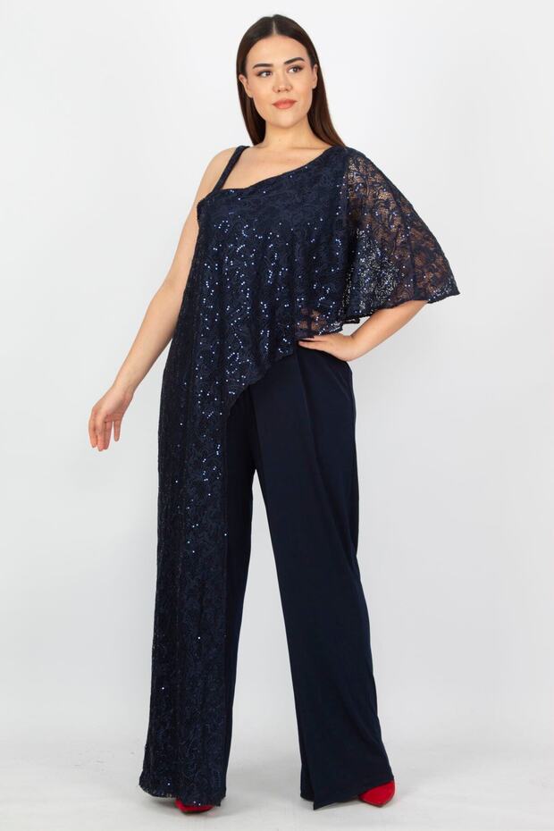 Women's Large Size Navy Blue Lace Detailed Jumpsuit 65n19614