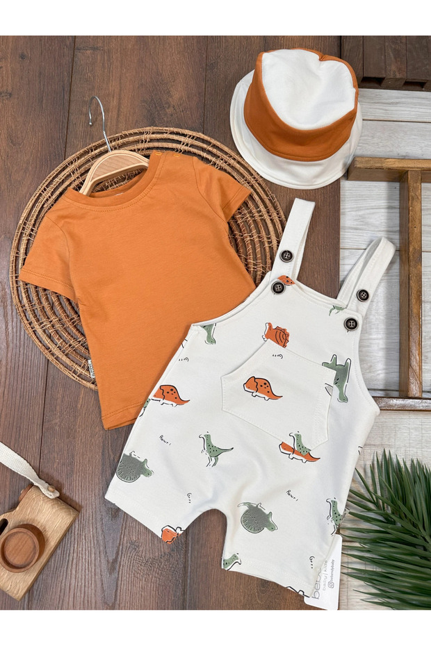 Dinosaur Printed Safari Hat with Snap Fastener on Shoulder Badi Summer Salopet Baby Boy Set
