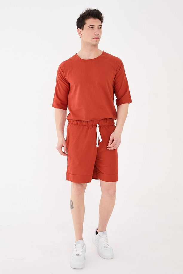 %100 Pamuk Şile Bezi Relaxed Fit Unisex Kısa Şort Kiremit - 6