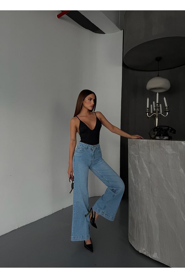 Kadın Yüksek Bel Açık Mavi Flare İspanyol Paça Trend Jean - 8
