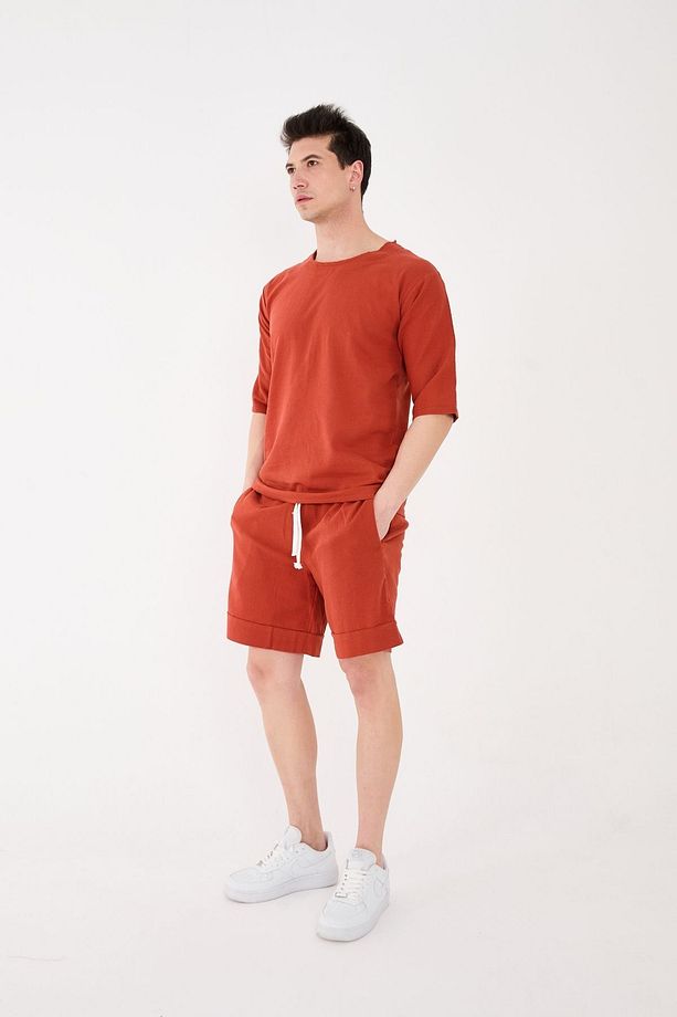 %100 Pamuk Şile Bezi Relaxed Fit Unisex Kısa Şort Kiremit - 8