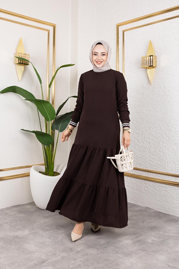 Women's Layered Ribbed Brown Hijab Dress