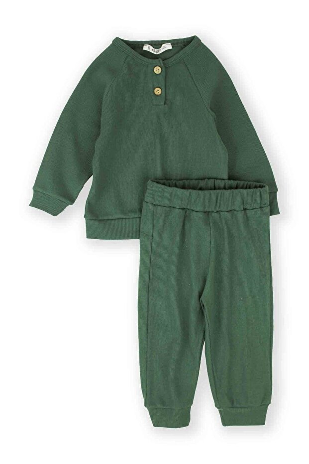 طقم أساسي بأكمام راجلان لعمر 1-5 سنوات باللون الأخضر الكاكي - 1