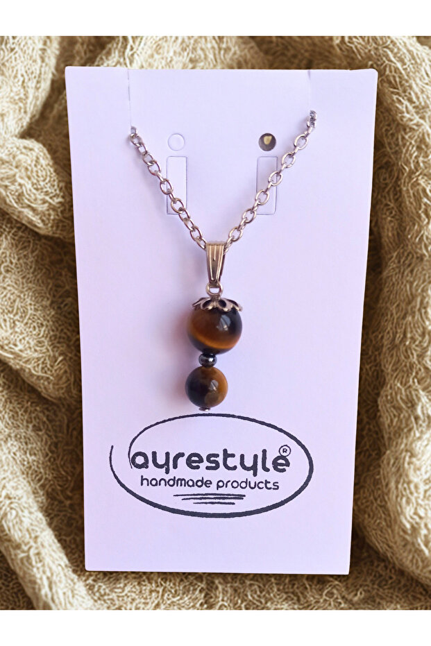 Minimalist Women's Necklace with Tiger Eye and Hematite Natural Stone Silver Color 45 cm Chain