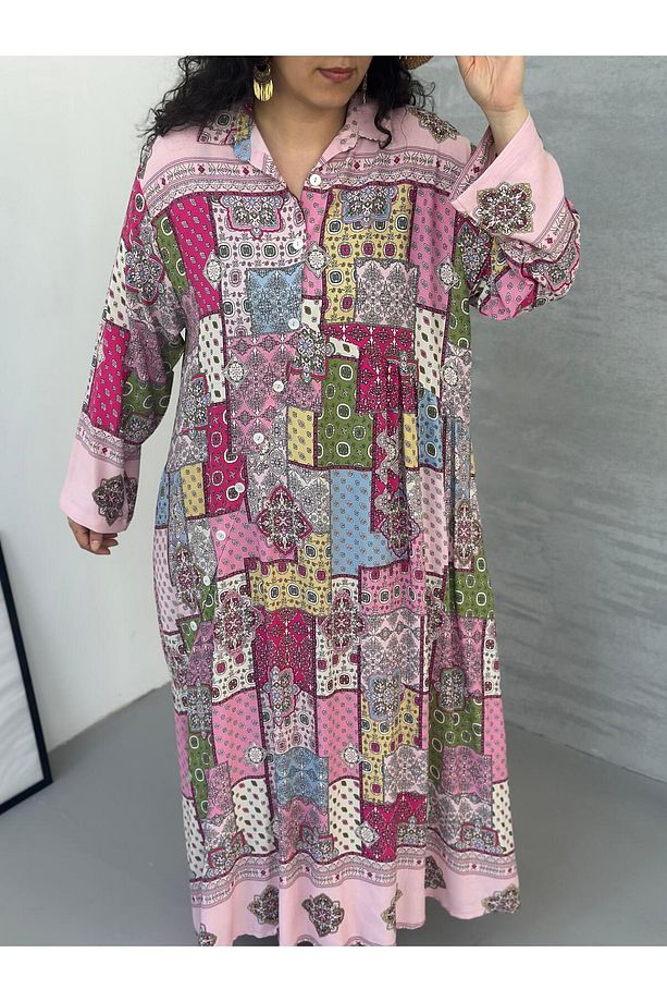Patchwork Desenli Maksi Elbise Pembe - 1