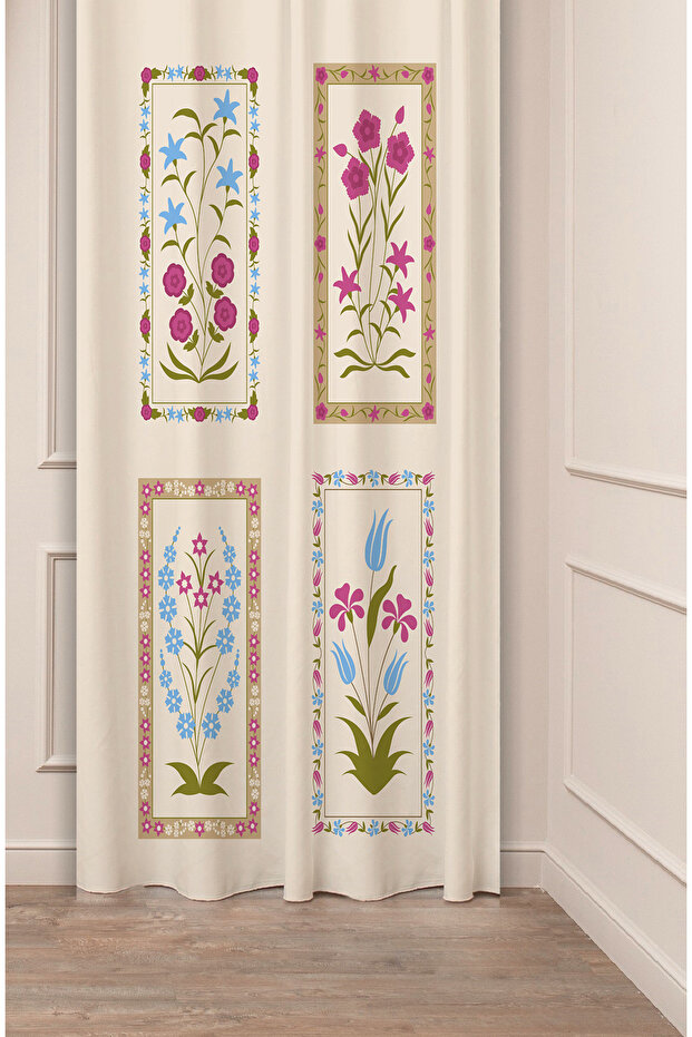 Ethnic Anatolian Motif Flower Pastel Bohemian Special Design Digital Printed (Single Wing) Beige Cream Background Curtain