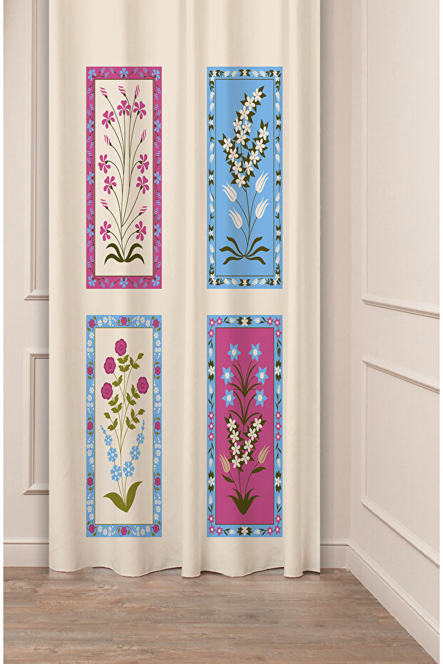 Ethnic Anatolian Motif Flower Pastel Bohemian Special Design Digital Printed (Single Wing) Beige Cream Background Curtain