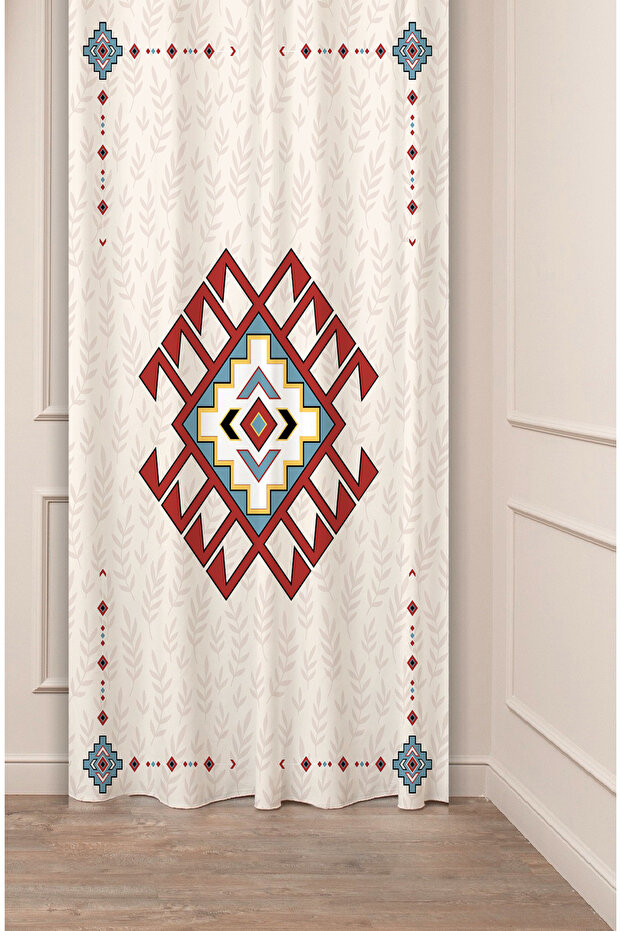 Ethnic Anatolian Motif Flower Pastel Bohemian Special Design Digital Printed (Single Wing) Beige Cream Background Curtain