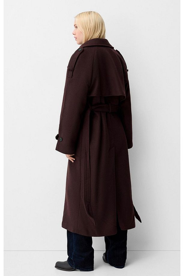 Allbucks Bersh-ka Bordo Oversize Yün Içerikli Kaşe Trençkot Kaban Abbrs1009 - 2
