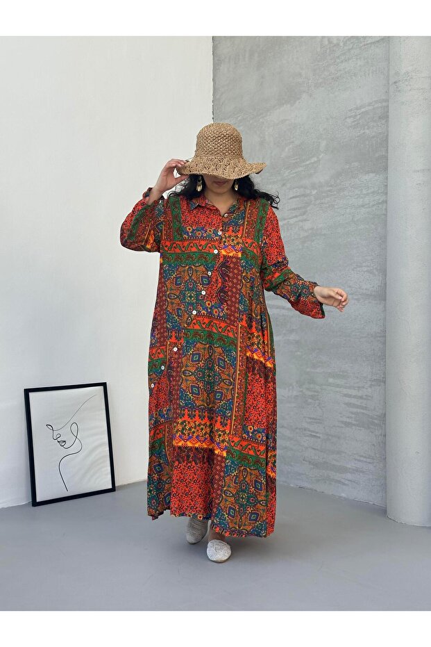 فستان طويل منقوش باتشورك برتقالي - 1