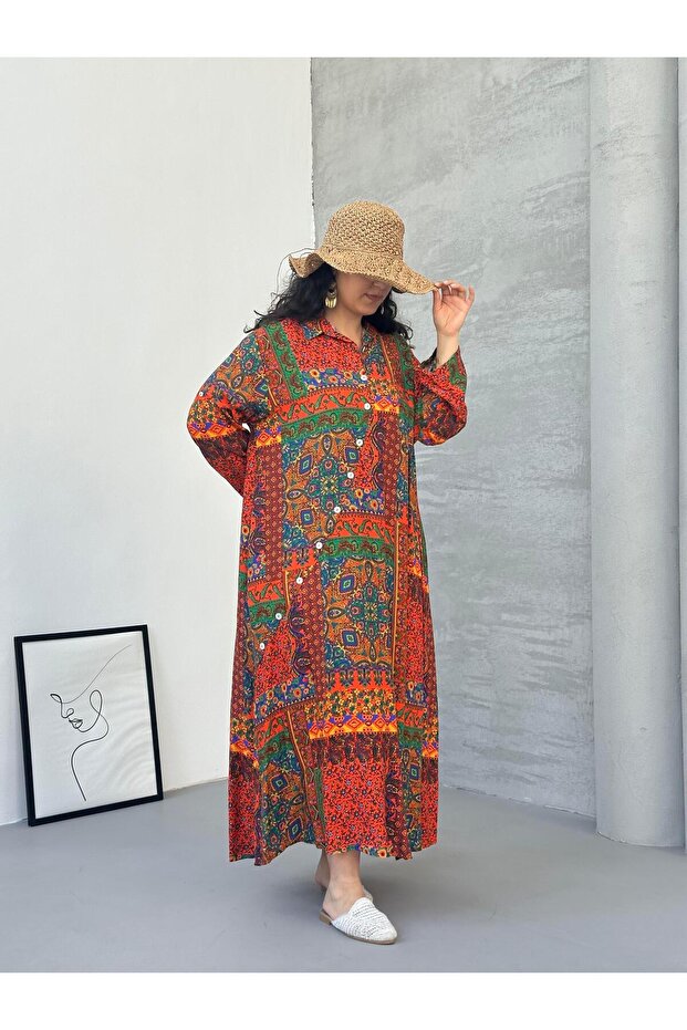 فستان طويل منقوش باتشورك برتقالي - 3