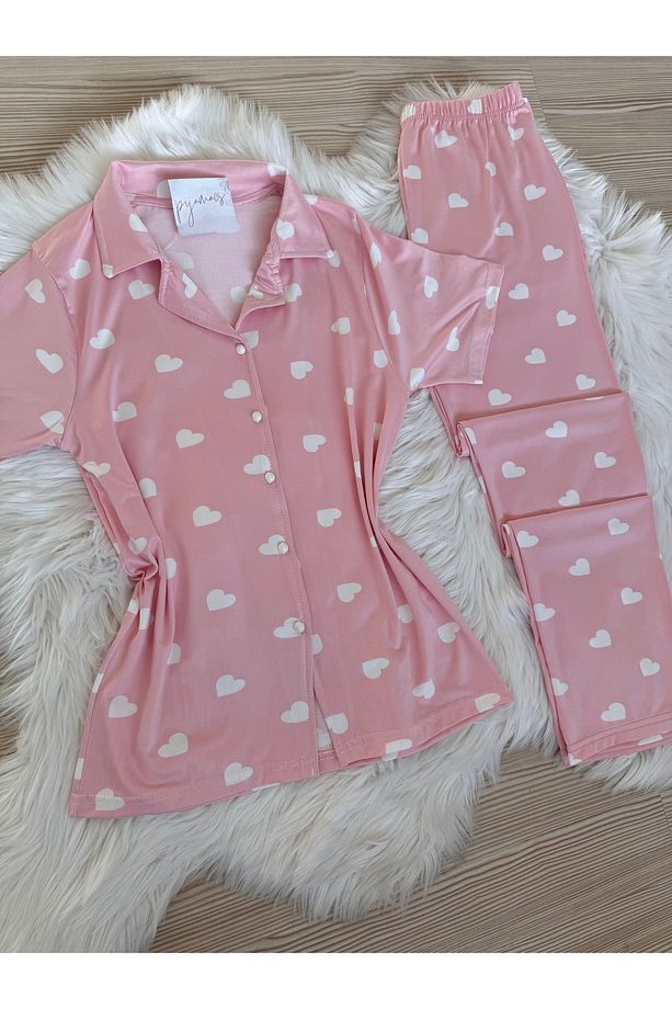 Pembe Kalp Desenli Kısa Kol Milan Pijama Takımı - 6