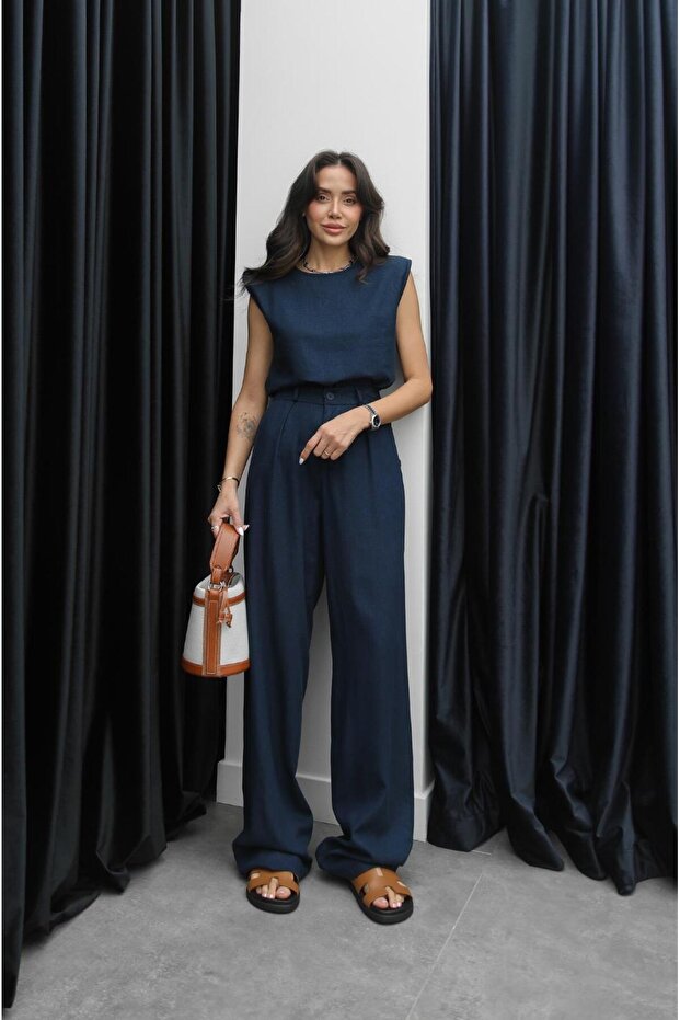 Navy Blue Single Button Linen Trousers