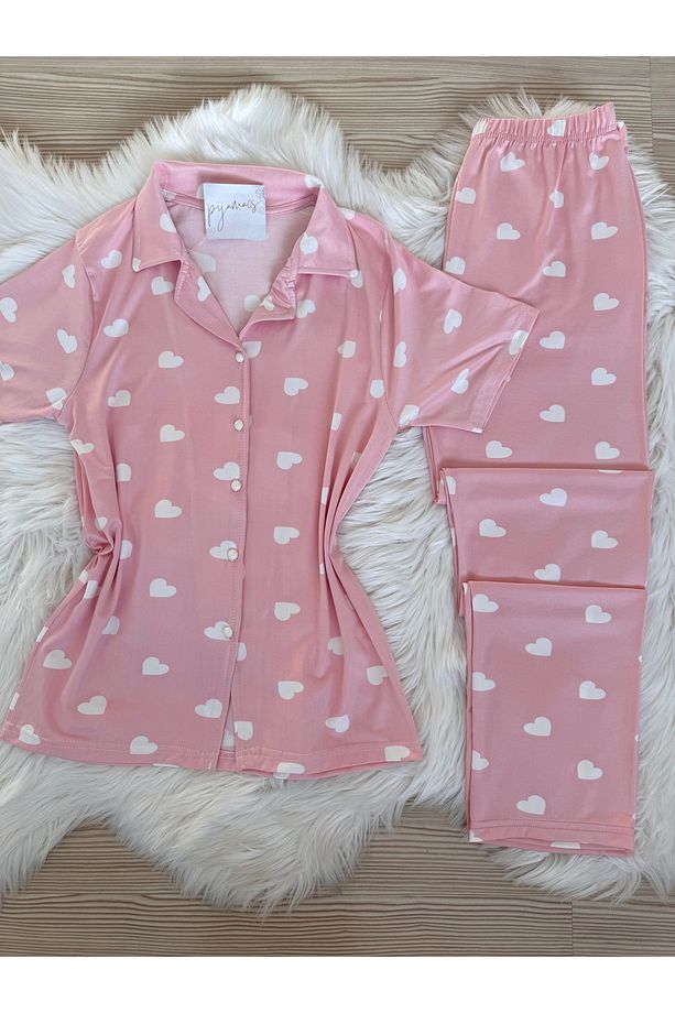 Pembe Kalp Desenli Kısa Kol Milan Pijama Takımı - 8
