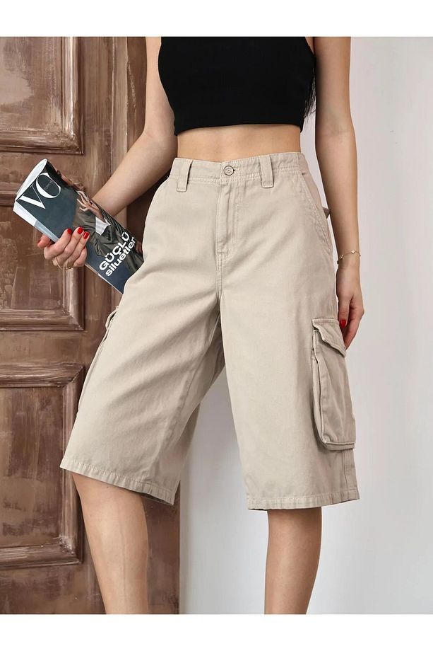 Bej Bermuda Baggy Cargo Kadın Jean Şort - 4