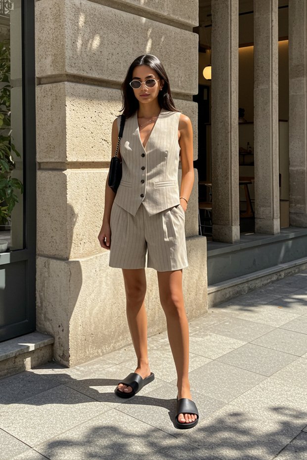 Beige Linen Look Striped Back Waist Elastic Knee Length Woven Shorts & Bermuda Twoss25Sr00022