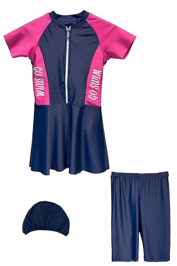 Uv Protection Skirted Tights Short Sleeve Girl's Swimsuit Mira 1511 Fuchsia