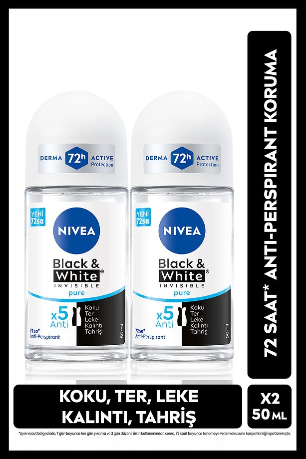 Kadın Roll-on Deodorant Black&White Invisible Pure 50ml, 72 Saat Anti-perspirant Ter Koruma, X2 Adet - 1