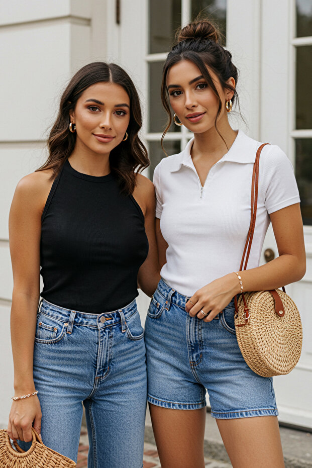 Ekru-Siyah 2'li Paket Fitilli Esnek Vücuda Oturan Örme Bluz TWOSS25BZ00439 - 1