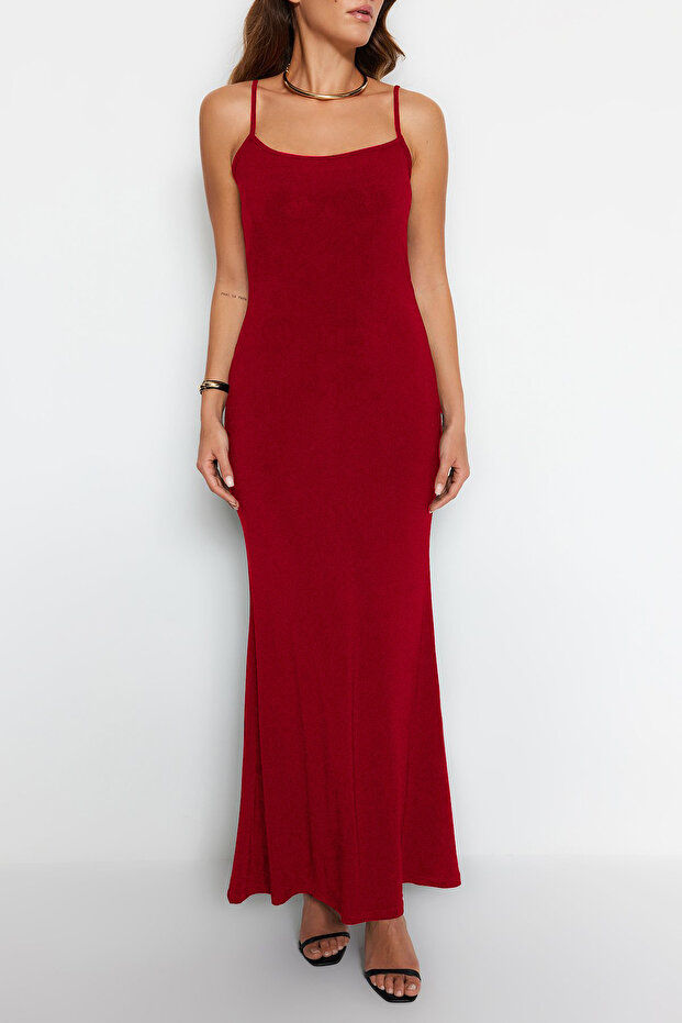 Kırmızı Maxi Bodycone/Vücuda Oturan Askılı Esnek Örme Elbise TWOSS23EL02435 - 9