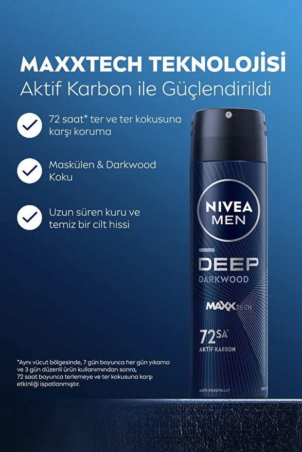 MEN Erkek Sprey Deodorant Deep Dimension Aktif Karbon 150ml, 72 Saat Anti-perspirant Ter Koruması - 4