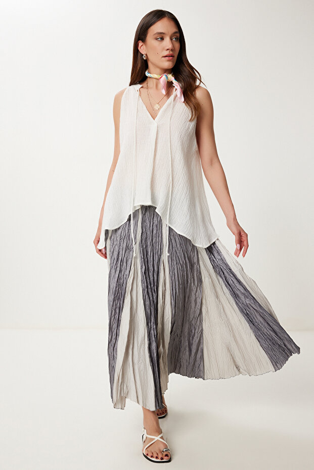 Women's Gray Crinkle Effect Summer Parachute Skirt Us00970