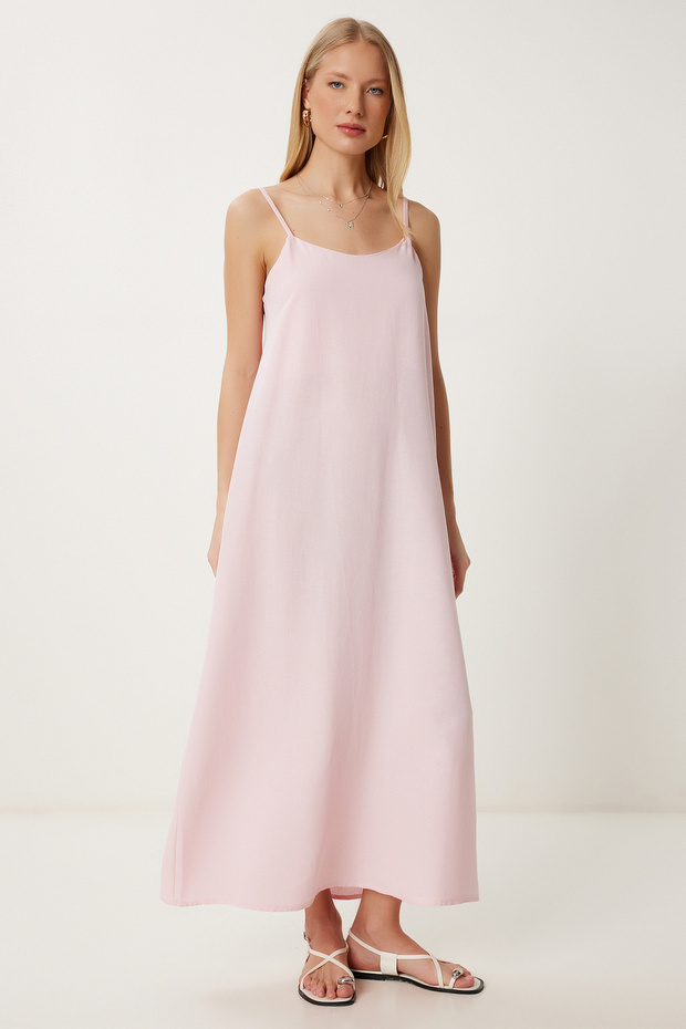 Women's Candy Pink Linen Blend Strap Summer Dress Hf00474