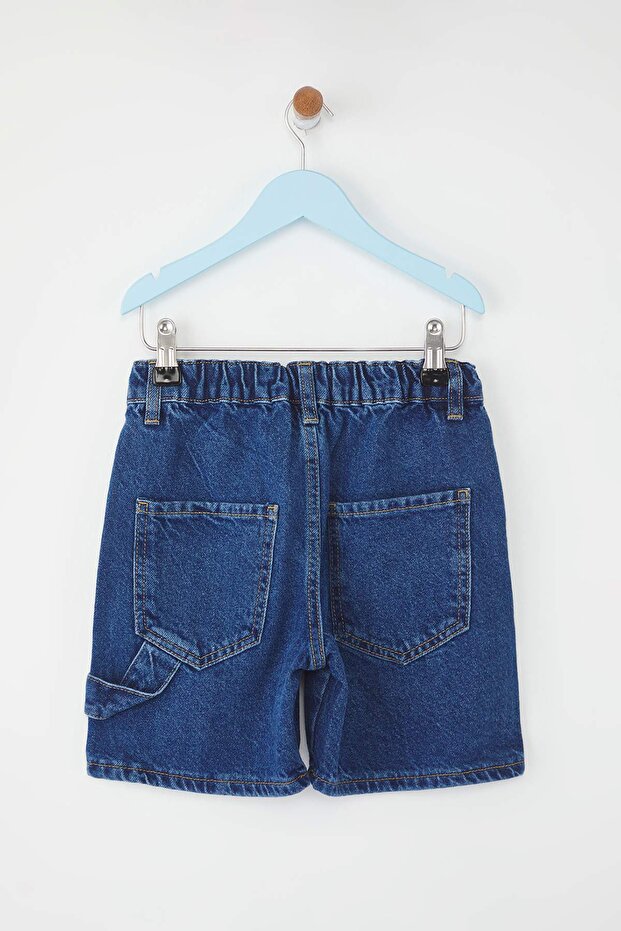 Koyu Mavi Erkek Çocuk %100 Pamuk Basic Lastikli Denim Şort & Bermuda TKDSS25SR00028 - 6