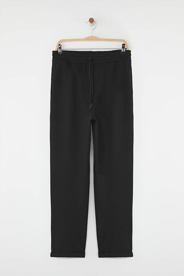 Siyah Regular Fit Örme Esnek Rahat Beli Bağlamalı Lastikli Duble Paça Pantolon TMNAW25PL00002 - 6