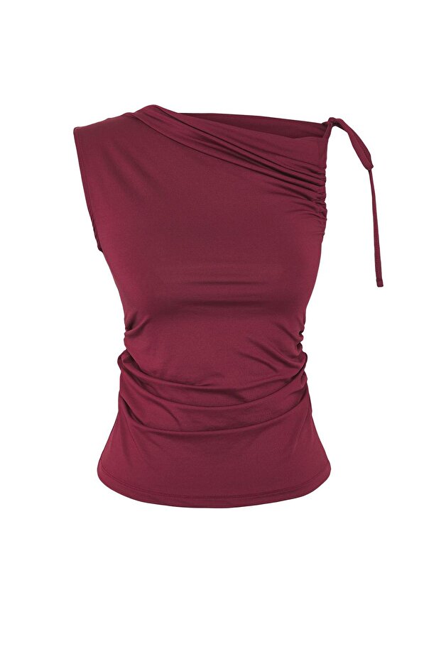 Bordo Fİtted Bağlama ve Büzgü Detaylı Kolsuz Esnek Örme Bluz TWOSS25BZ00549 - 5
