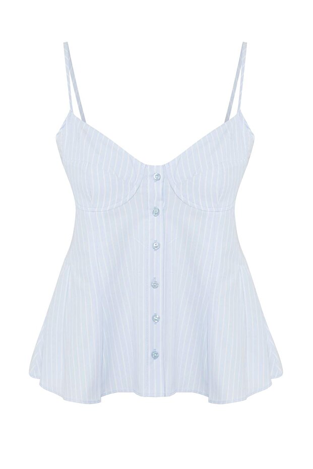 Açık Mavi Çizgili Peplum Askılı Fitted Dokuma Bluz TWOSS25BZ00552 - 5