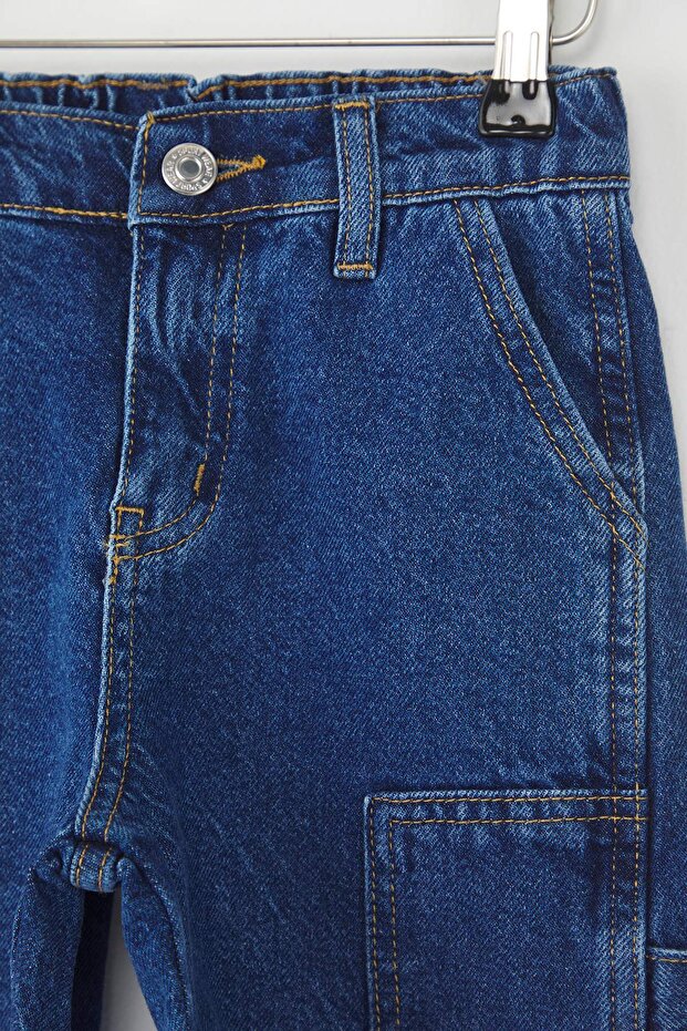Koyu Mavi Erkek Çocuk %100 Pamuk Basic Lastikli Denim Şort & Bermuda TKDSS25SR00028 - 4