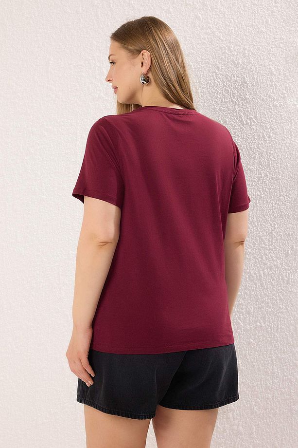 Bordo Regular Fit Basic Bisiklet Yaka %100 Pamuk Örme Büyük Beden T-Shirt TBBSS22TS0733 - 4